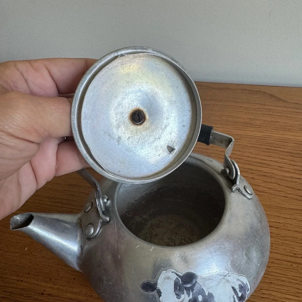 Vintage Aluminum Tea Kettle Cow Graphic Farmhouse‎ Decor Rustic Teapot Small